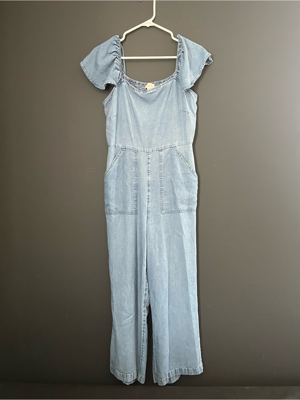 Light Wash Chambray Denim Jumpsuit with Flutter Sleeves